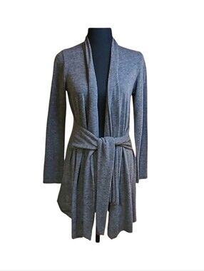 Sushiflower Gray Open Front Wrap Cardigan Sweater Tie Belt S Vintage Y2K